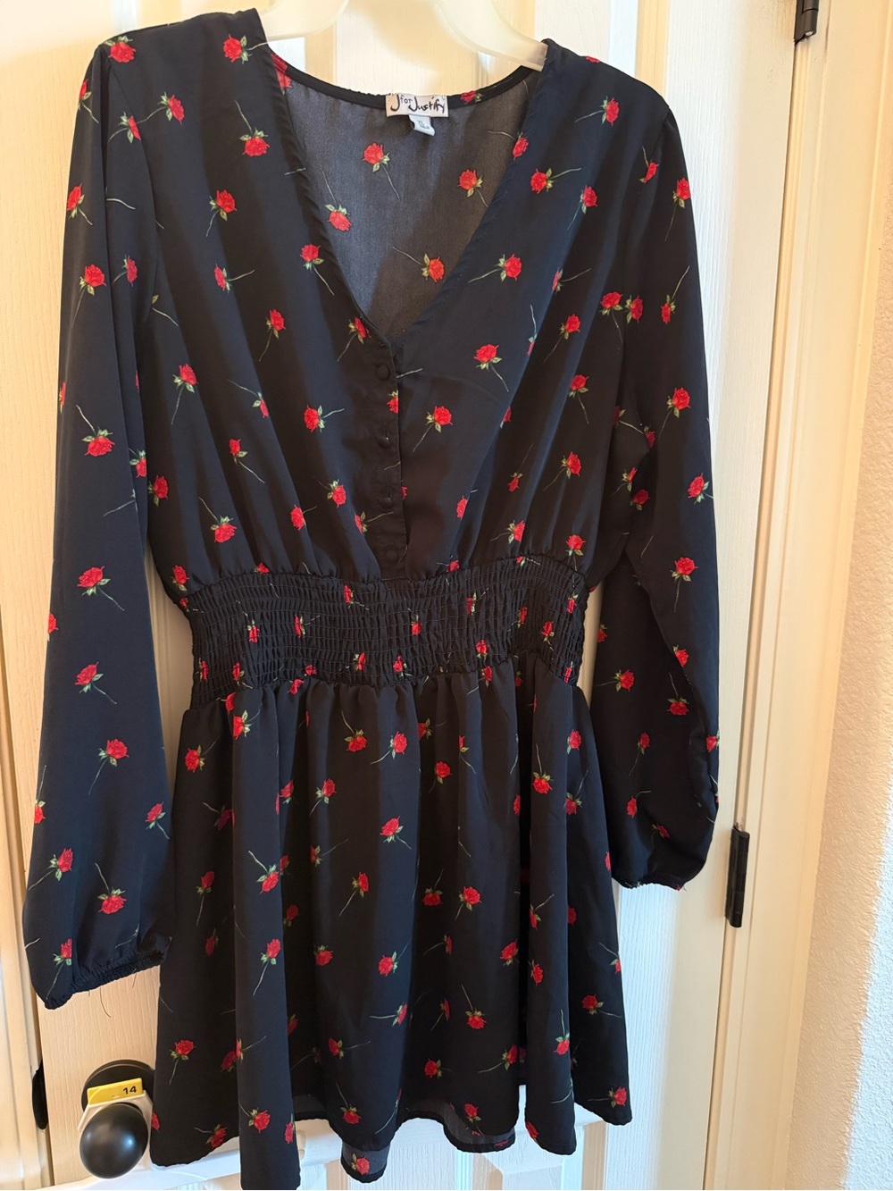 J for Justify Black Mini Dress with Red Rose Print